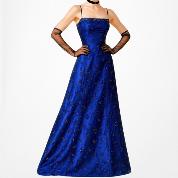 Vintage Blue Black Mesh Velvet Beaded Flared Maxi Prom Dress Size M - Picture 2 of 13